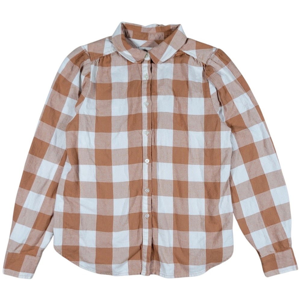 LOFT Button Up Flannel Shirt Women XS Tan Gingham Plaid Casual Cottagecore Fall